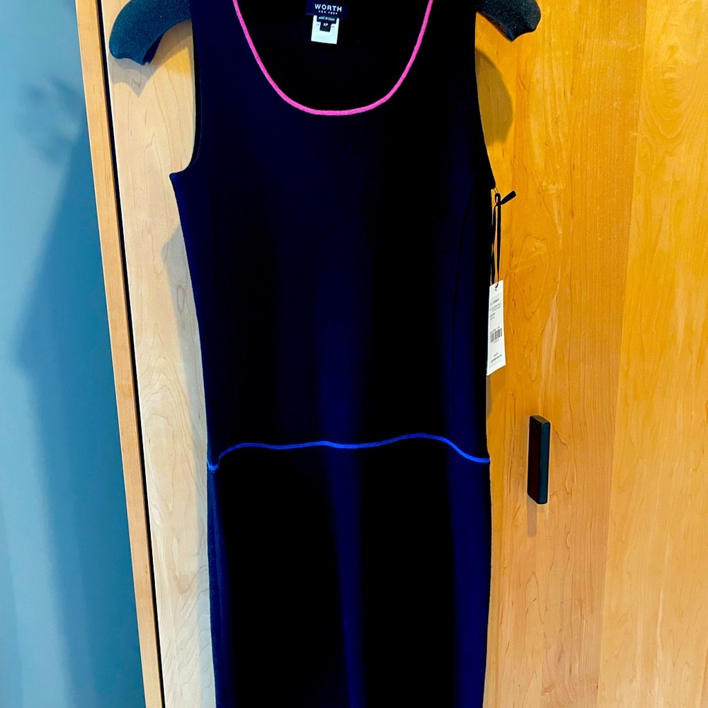 Black 100% wool knit dress with pink and bright blue trim from W by Worth.